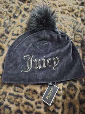 Juicy Couture Black Crystal 'Juicy' Pom Pom Beanie